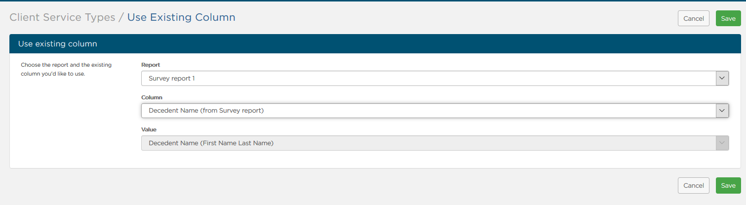 Use Existing Column settings