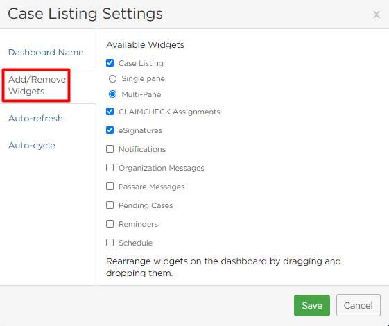Add/Remove Widgets in Case Listing Settings