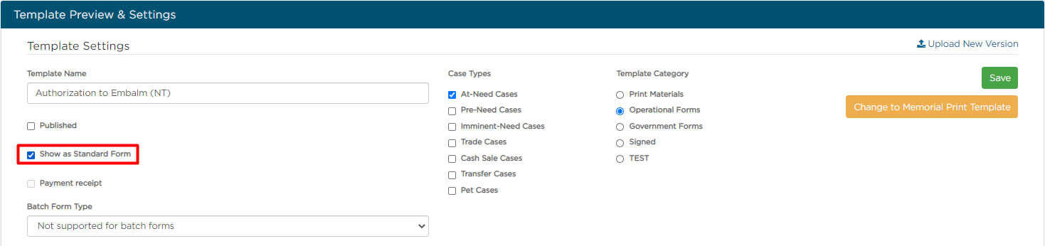 checkbox for Show as Standard Form