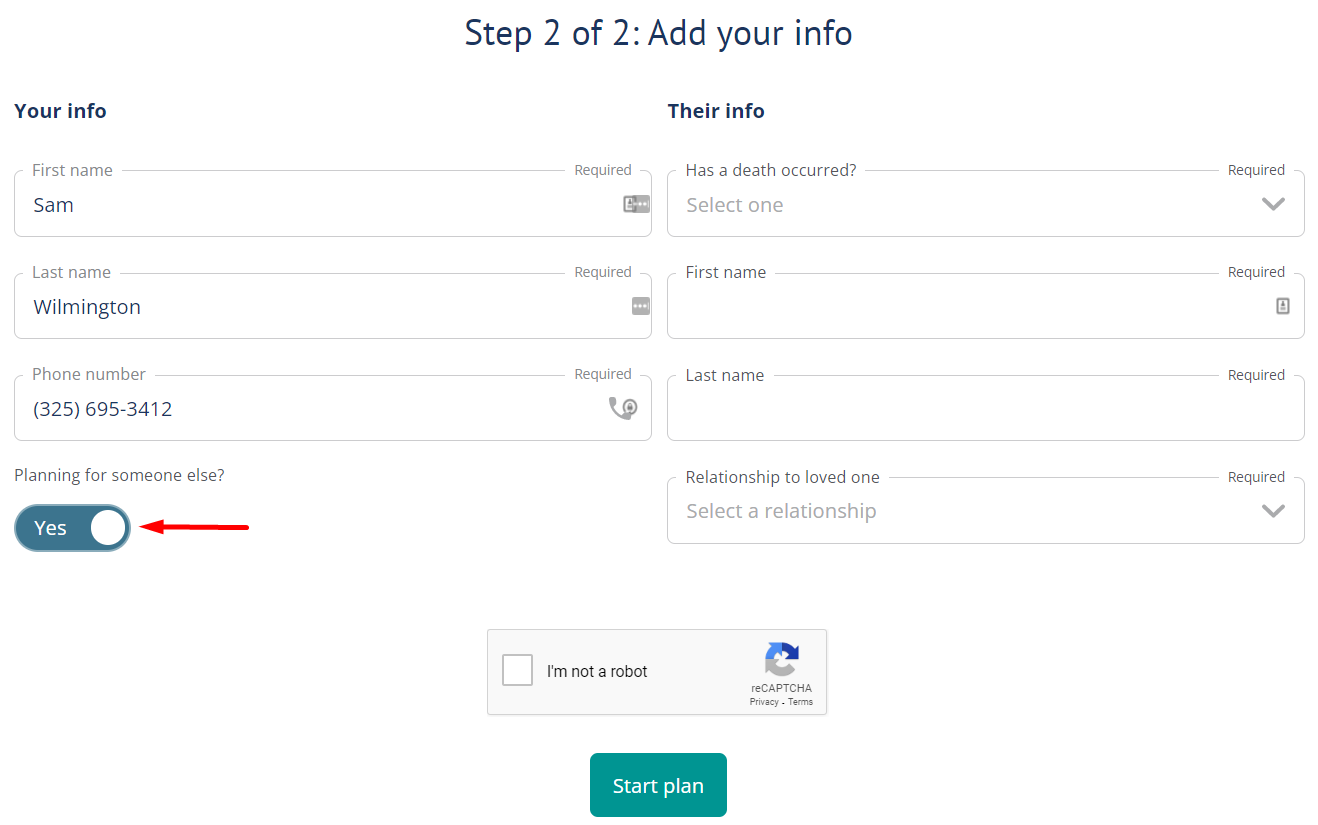 If they are planning for someone else, a second column will appear asking for Their info. 