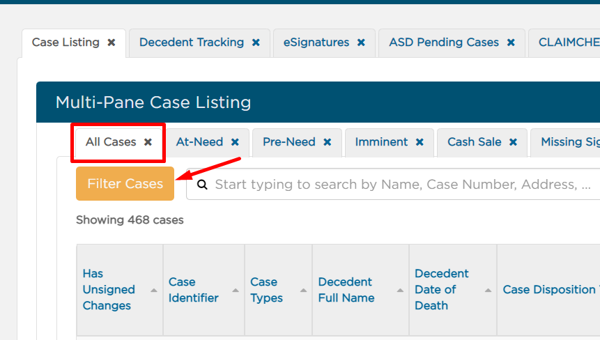 To filter for self-started cases, go to Case Listing > All Cases > Filter Cases
