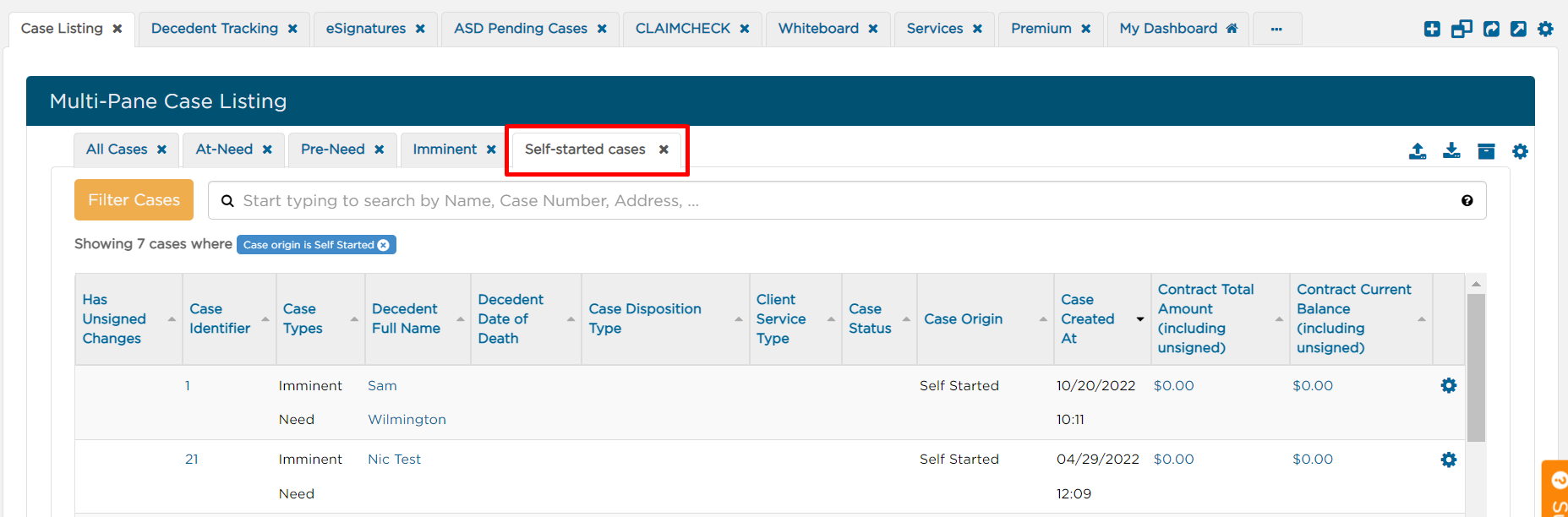 Self-started cases tab is now saved on your case listing