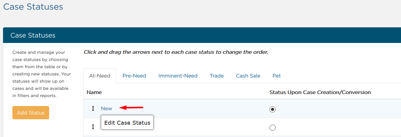 Select name of status to change in Case Statuses