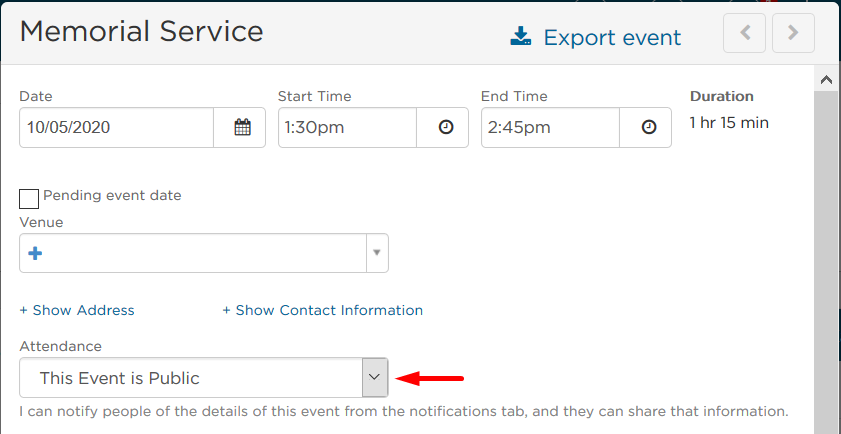 mark as public under Attendance in Memorial Service section