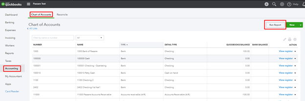 Running a report for chart of accounts