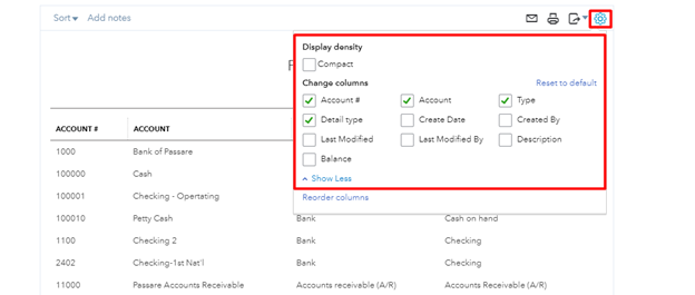 Setting selection for chart of accounts report