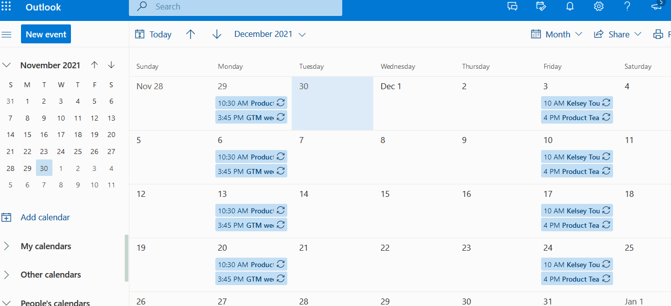 gif showing steps for Outlook: add calendar, subscribe from web, paste URL, add calendar name, select import.