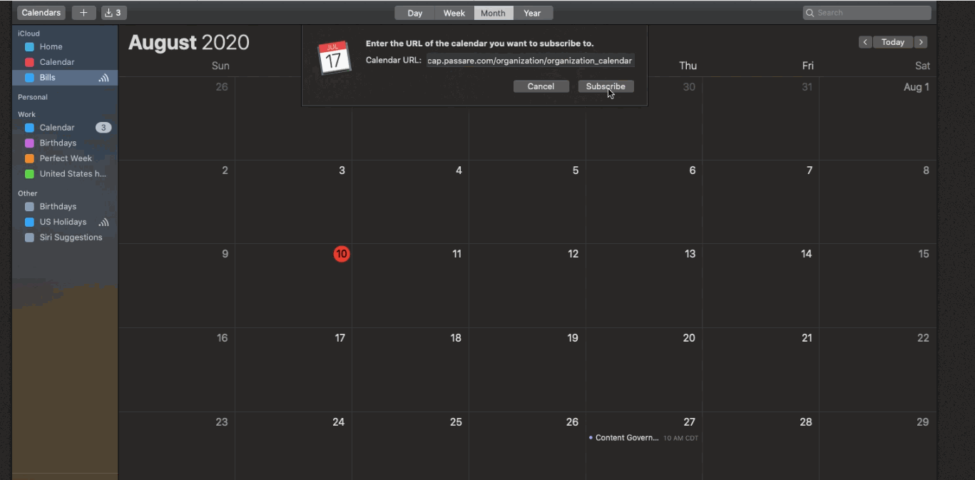 gif for iCloud calendar: select file, select new calendar subscription, paste URL and select subscribe